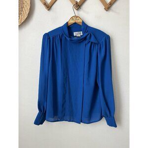 Vtg blue scarf neck blouse silky secretary